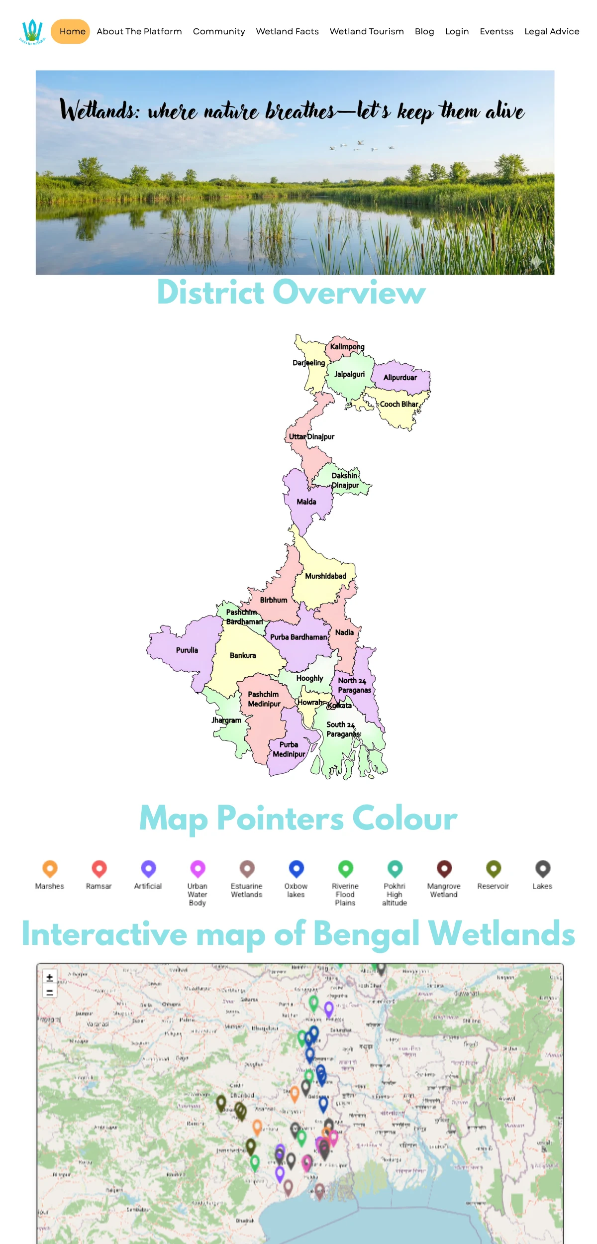 Wetlands of Bengal website: district overview map of West Bengal, the colour-coded wetland type key, and the interactive map of Bengal wetlands.