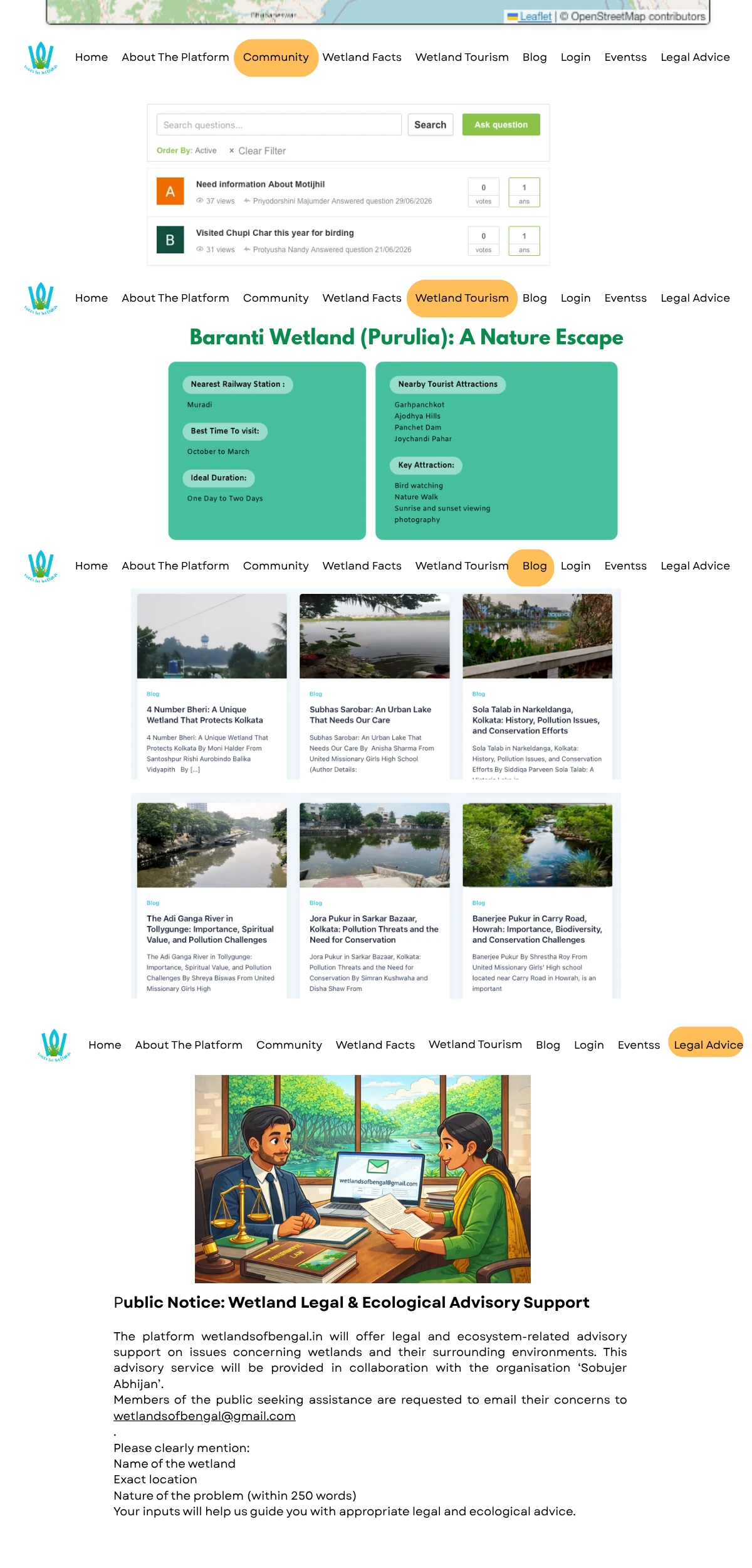 Wetlands of Bengal website: community question board, the Baranti Wetland tourism guide in Purulia, blog archive, and the legal and ecological advisory notice.